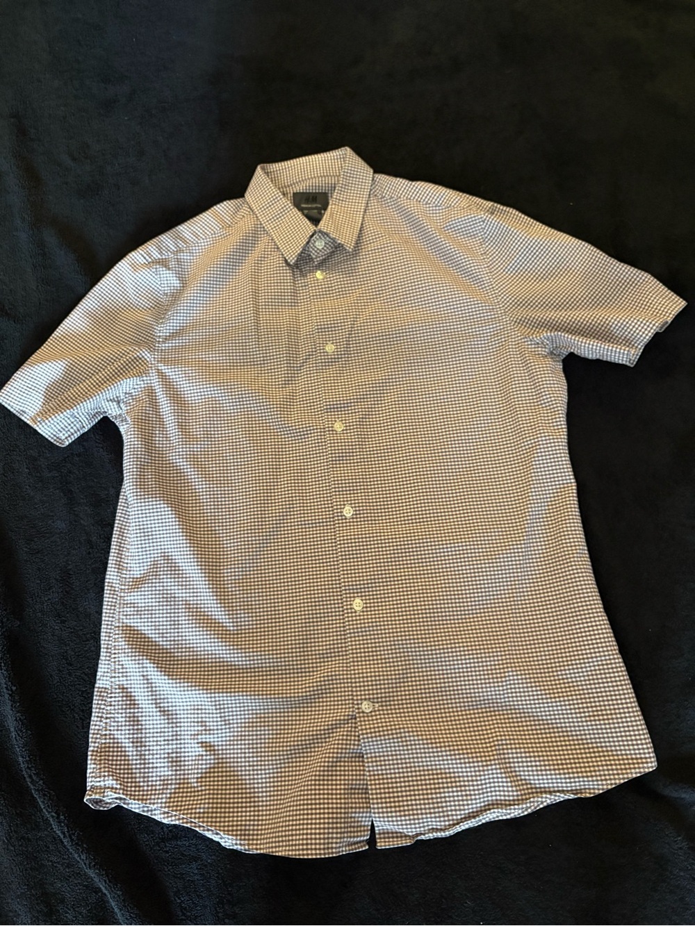 H&M Premium Cotton Short-Sleeve Check Button-Down Shirt in White/Purple